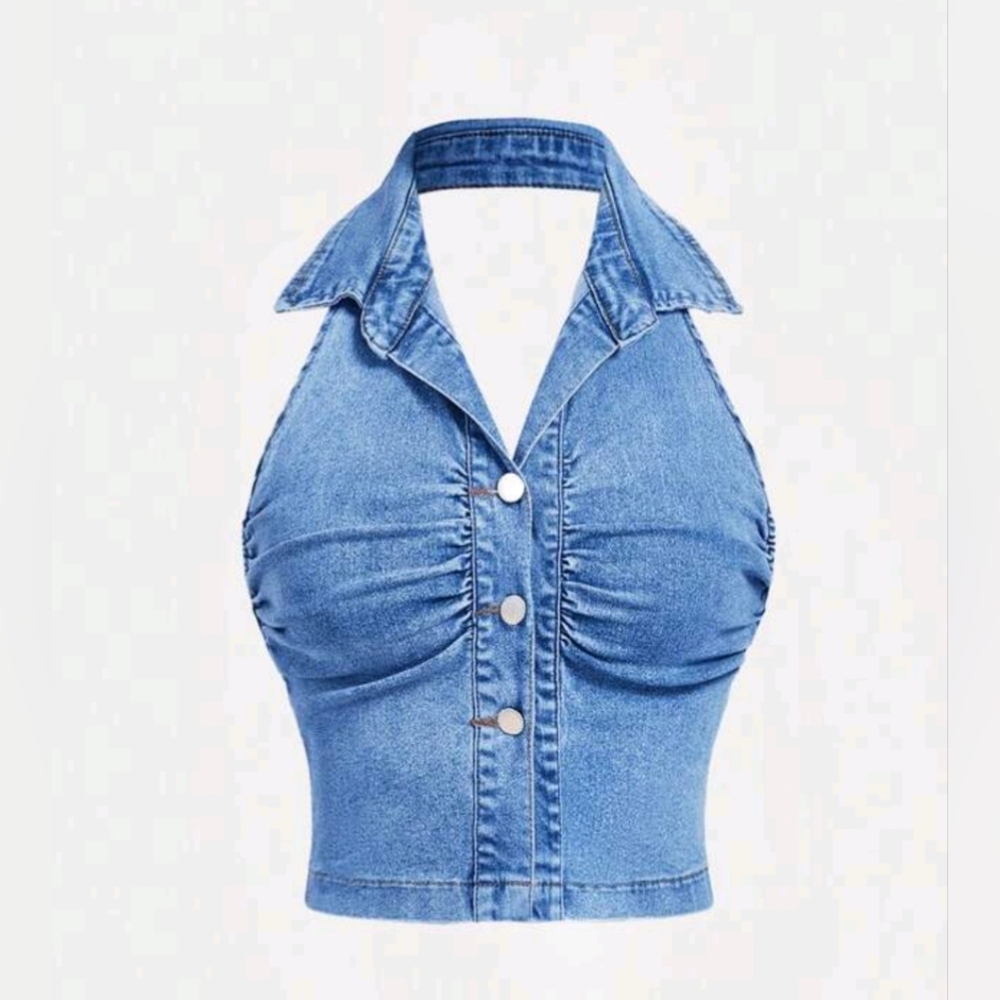 Denim Halter Top Stretchy V Neck Cropped Blue Jean Backless